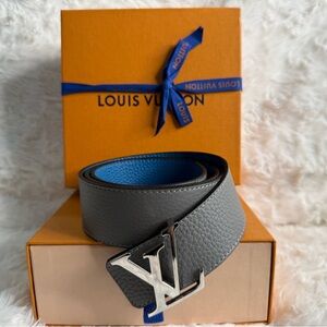 Louis Vuitton Initials Taurillon Reversibke Gray and Blue Men's Belt